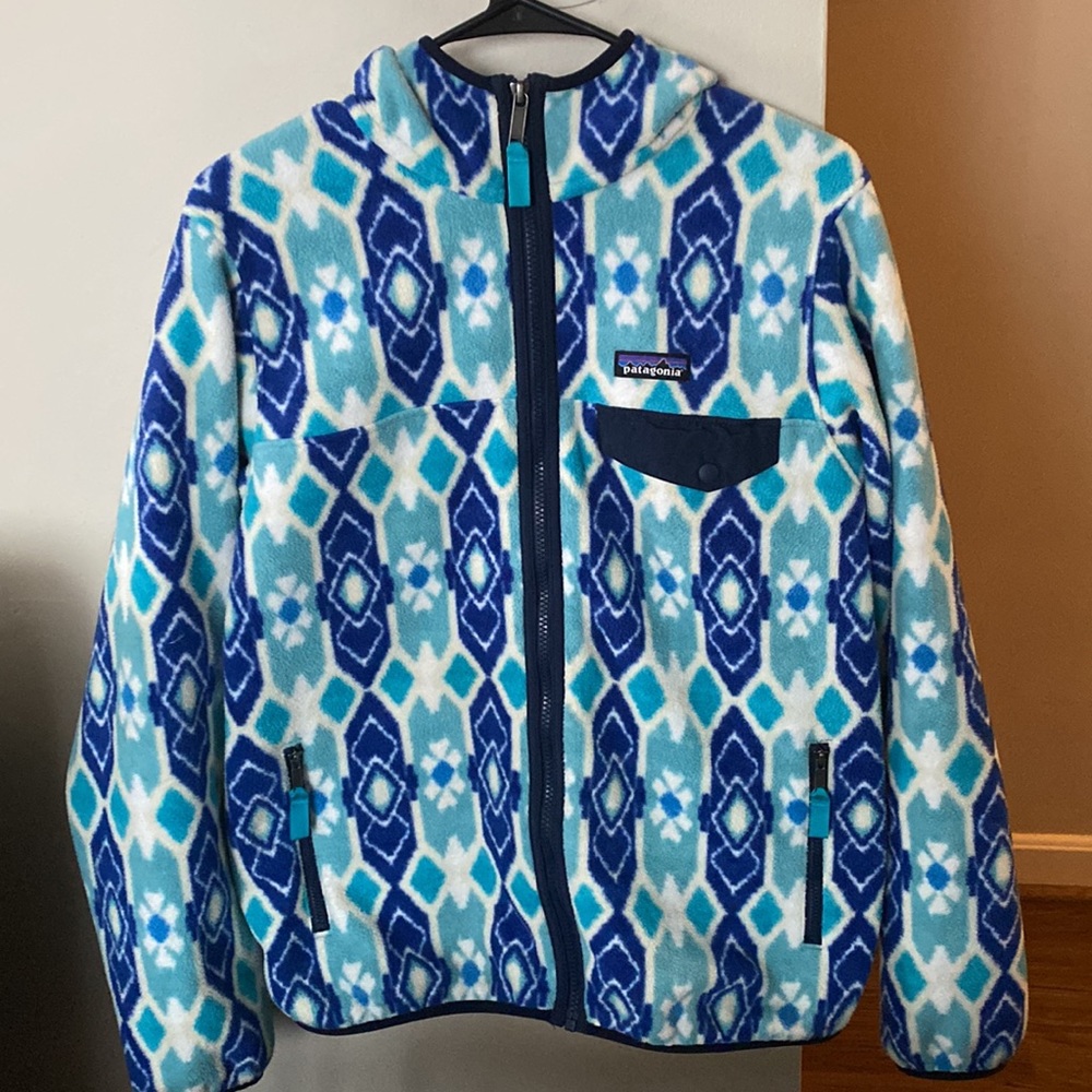 Patagonia full zip hooded synchilla fleece jacket with snap pocket
